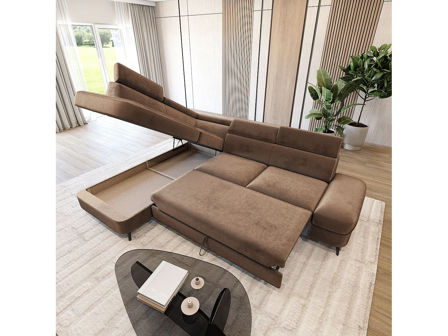 Hoekbank AVISE, met slaapfunctie, Veloursstof Beige