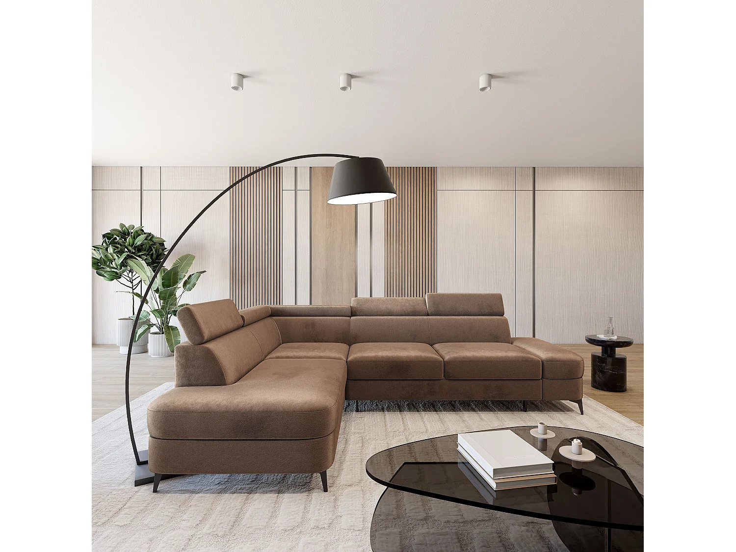 Hoekbank AVISE, met slaapfunctie, Veloursstof Beige