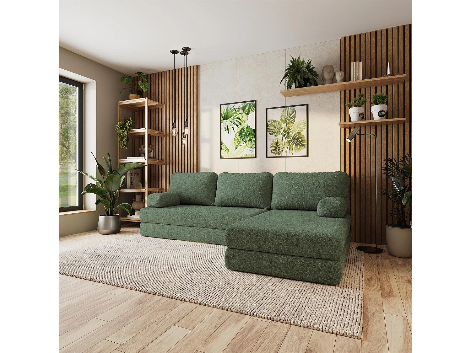 Canapé convertible compressé LEA, sans cadre métallique, bouclé Vert