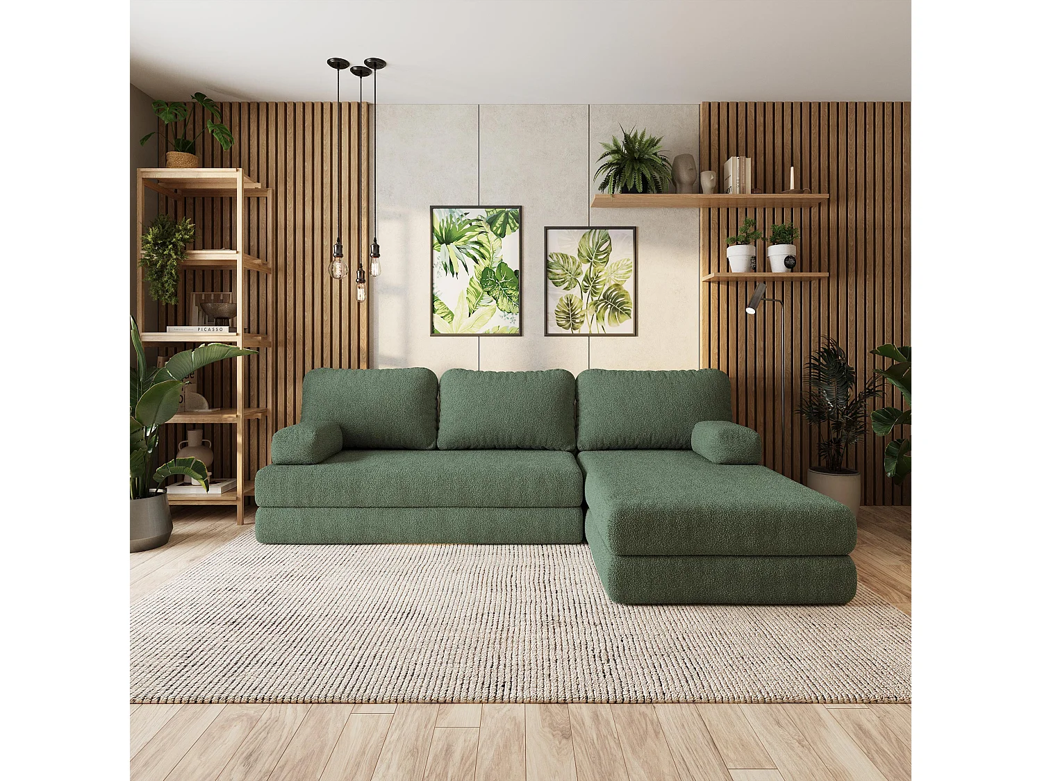 Canapé convertible compressé LEA, sans cadre métallique, bouclé Vert