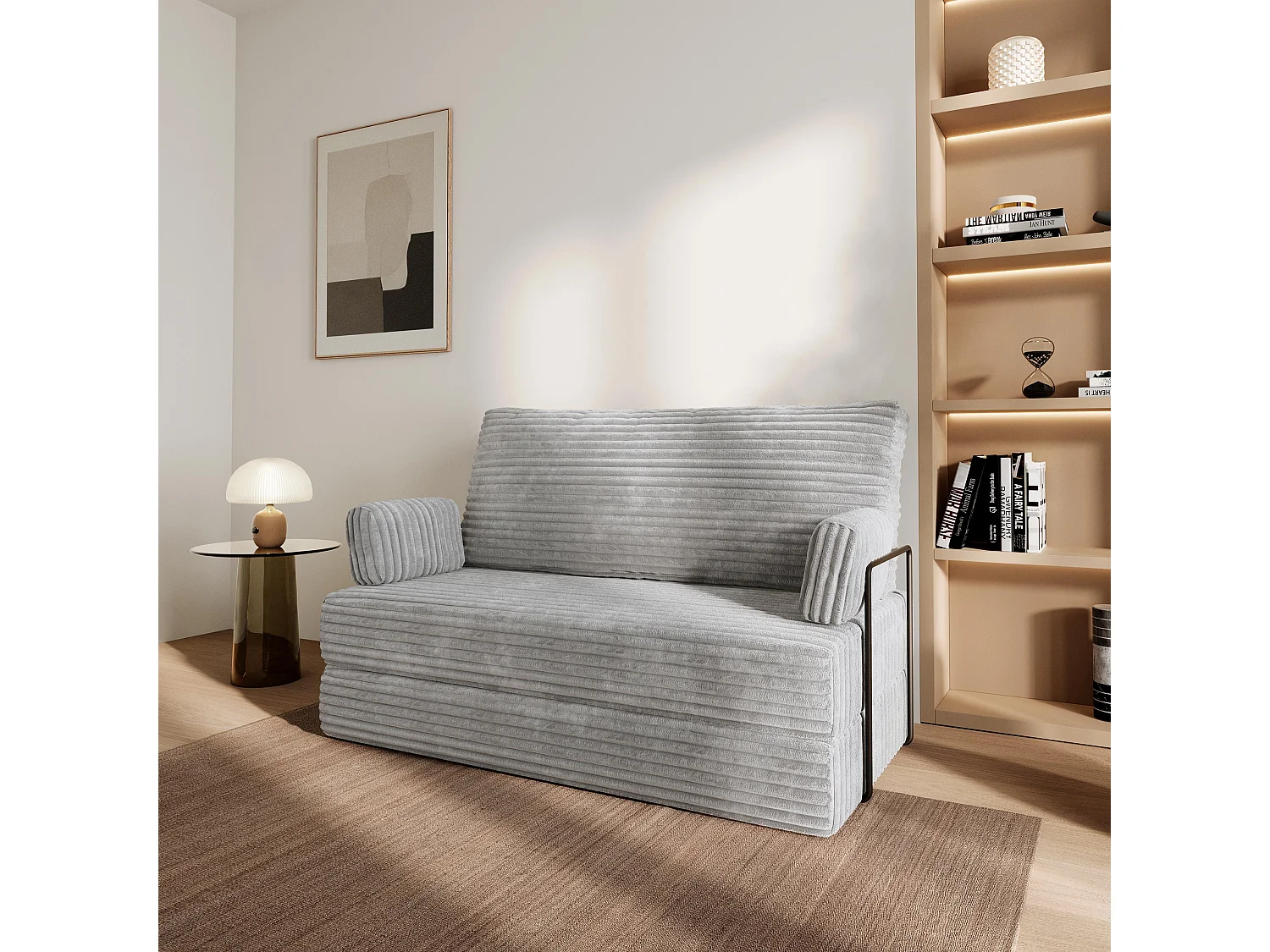 Canapé compressé LADIA avec cadre métallique, Velours côtelé TILIA, Gris clair