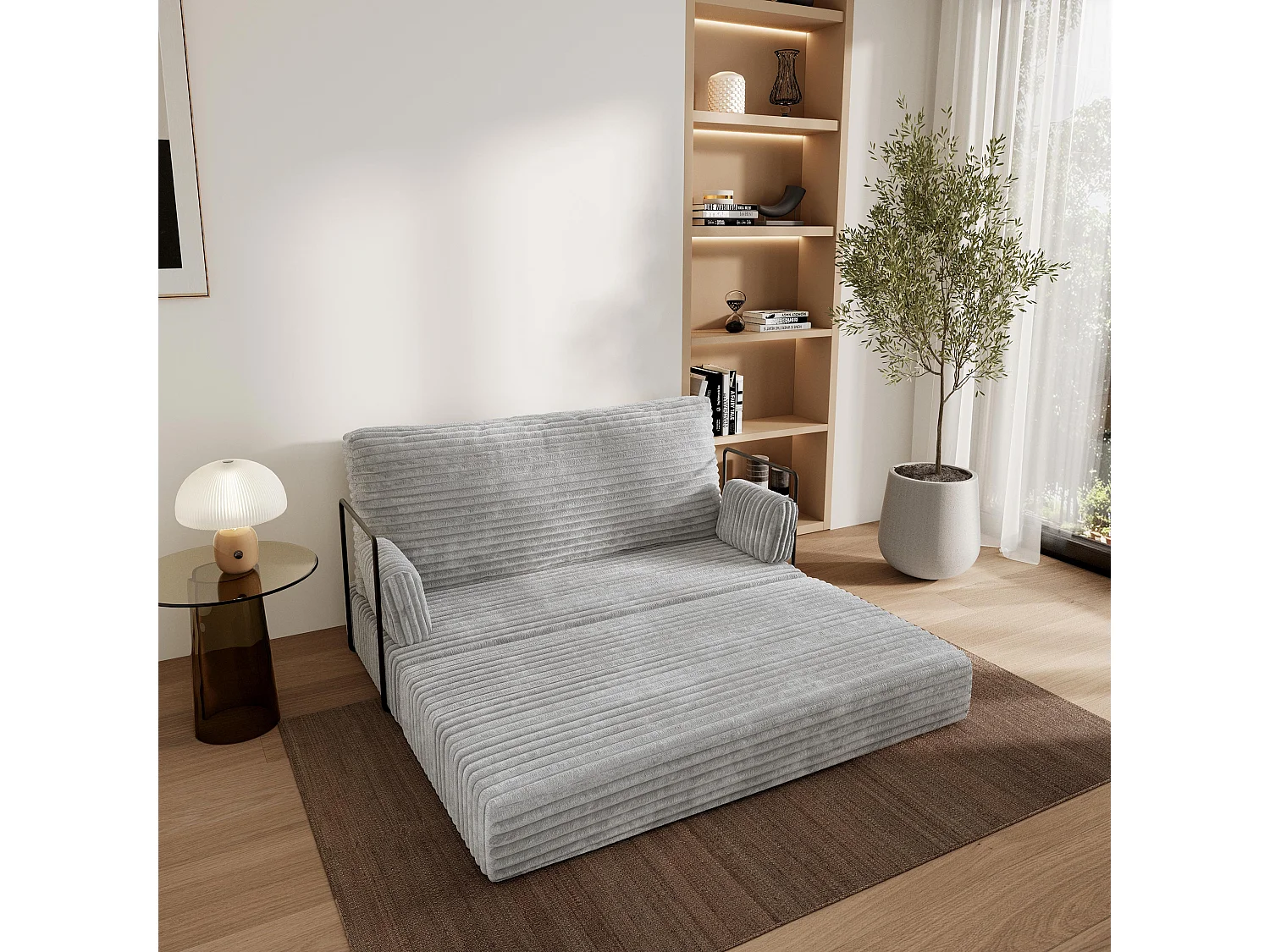 Canapé compressé LADIA avec cadre métallique, Velours côtelé TILIA, Gris clair