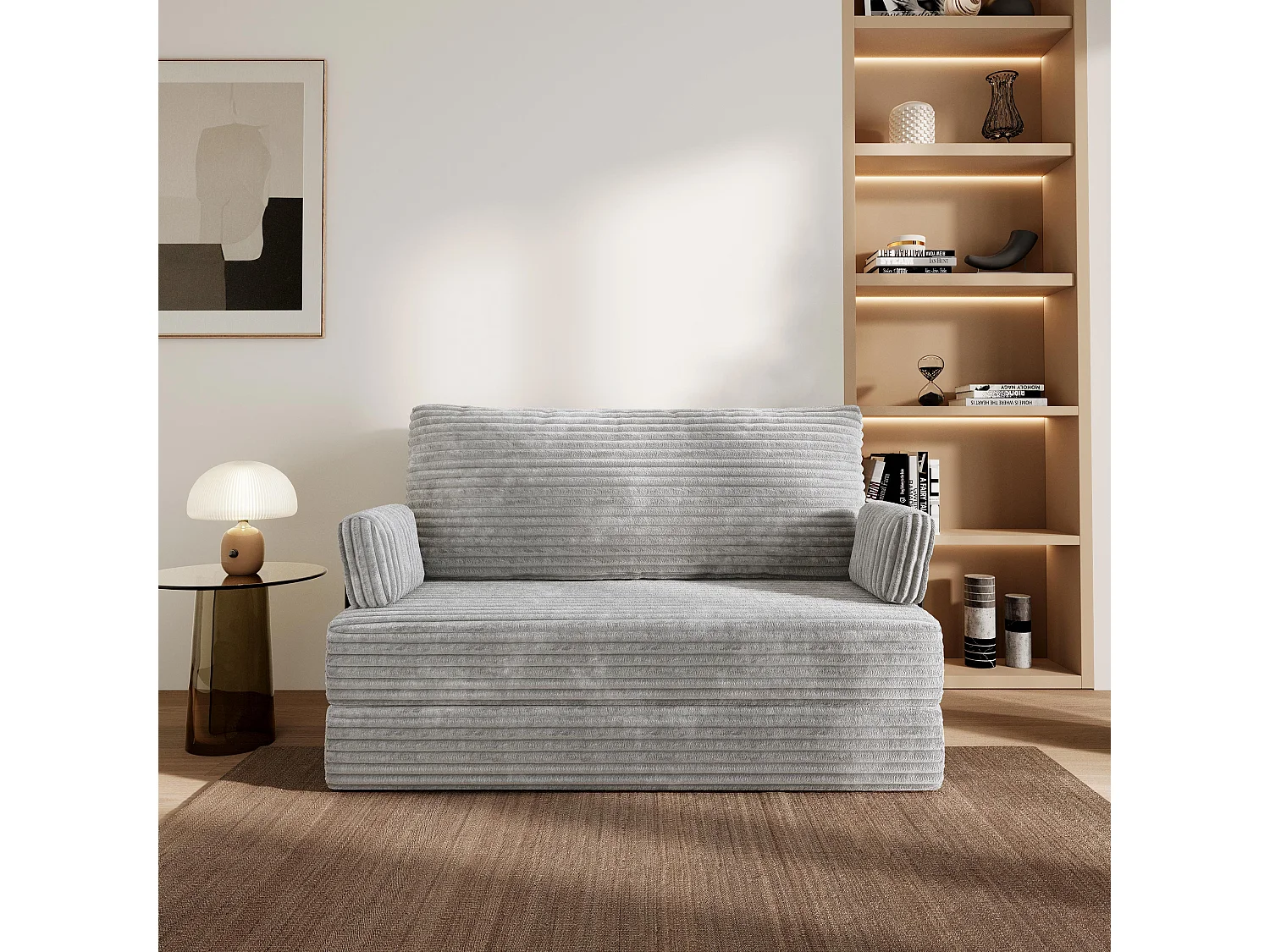 Canapé compressé LADIA avec cadre métallique, Velours côtelé TILIA, Gris clair