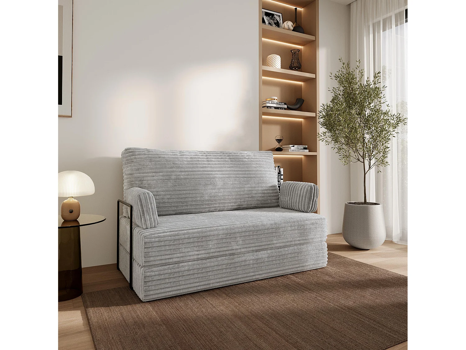 Canapé compressé LADIA avec cadre métallique, Velours côtelé TILIA, Gris clair