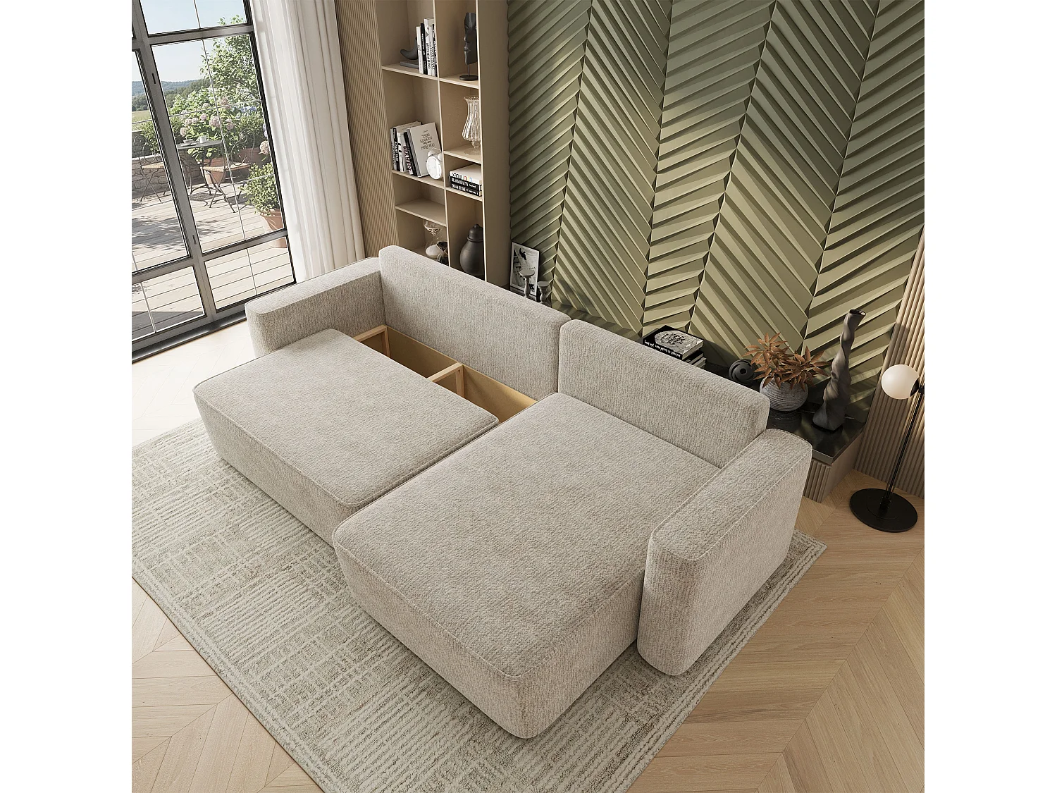 Hoekbank BELARO, met slaapfunctie, Chenille Crème