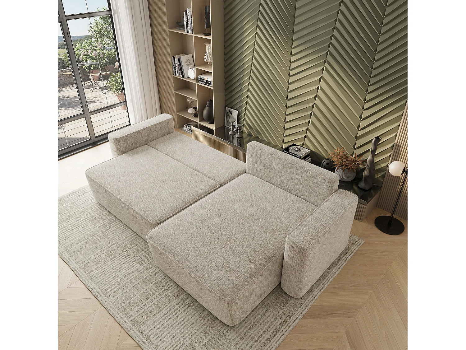 Hoekbank BELARO, met slaapfunctie, Chenille Crème