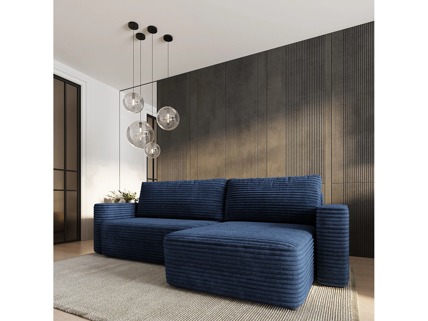 Hoekbank TELIN, met slaapfunctie, Cordstof Blauw