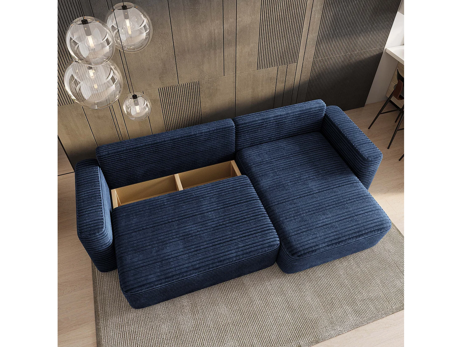 Hoekbank TELIN, met slaapfunctie, Cordstof Blauw