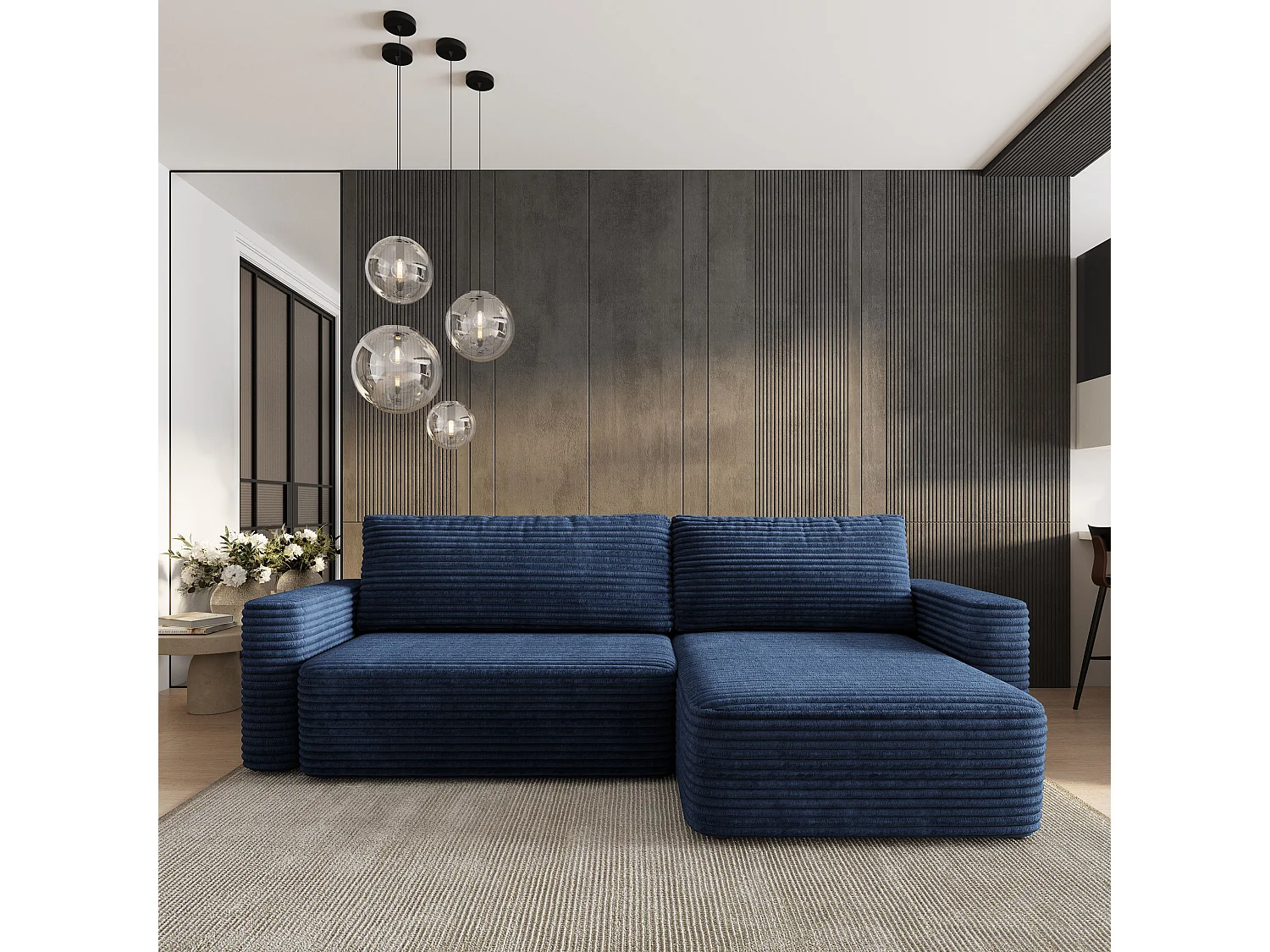 Hoekbank TELIN, met slaapfunctie, Cordstof Blauw
