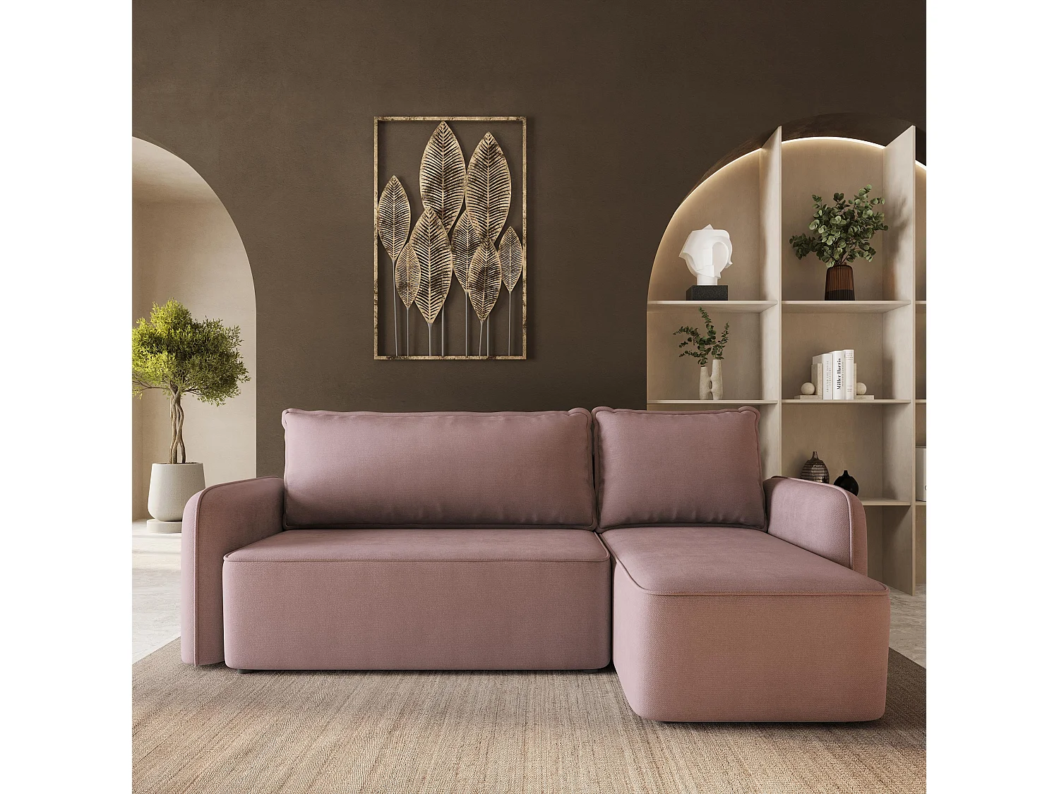 Hoekbank DOLVER, met slaapfunctie, Pluche stof Roze