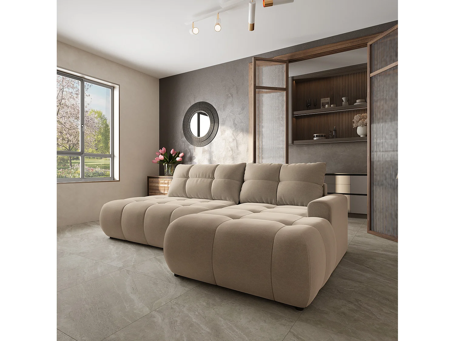 Hoekbank FLUMA, met slaapfunctie, Fluweelstof Beige