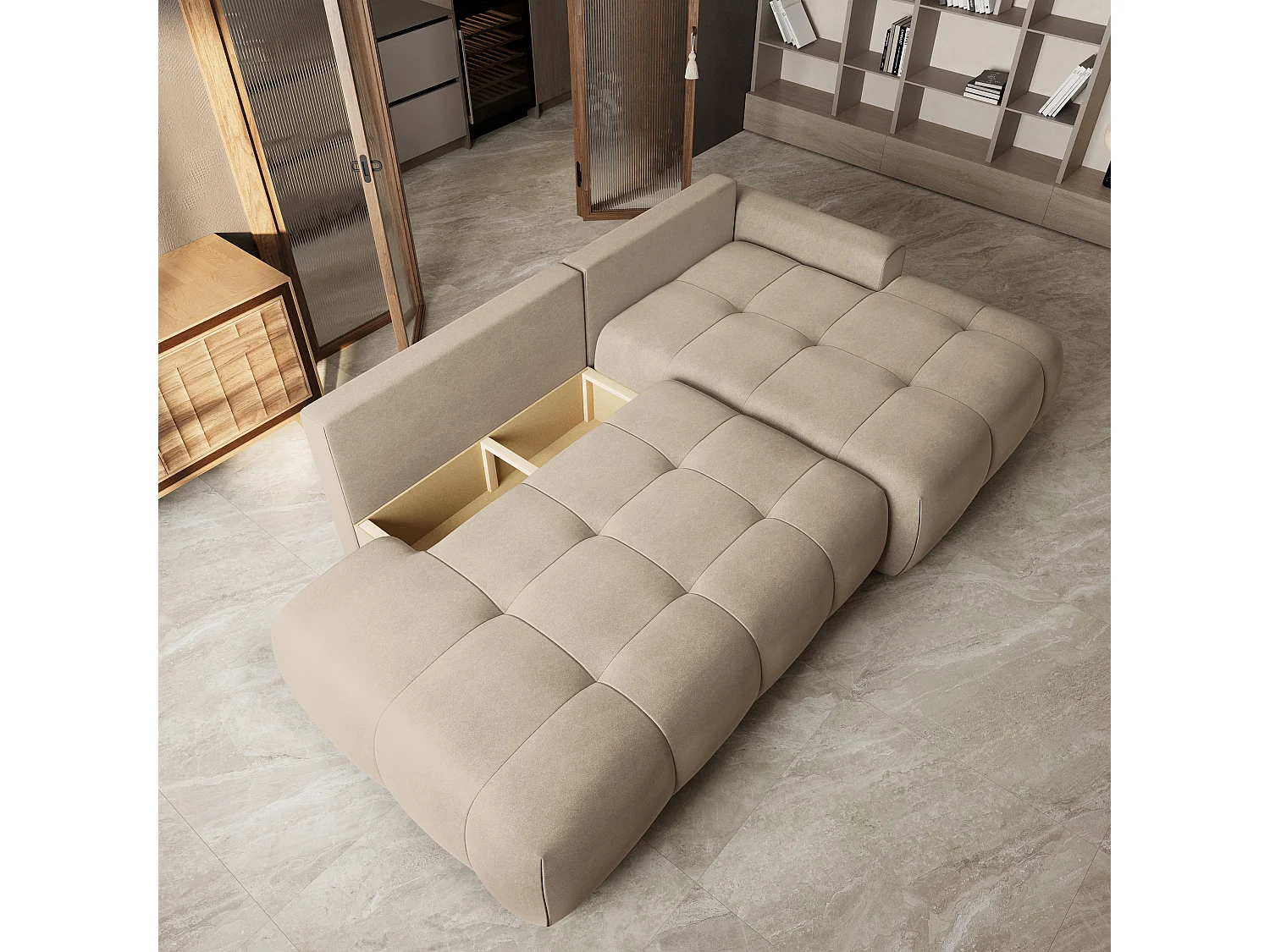 Hoekbank FLUMA, met slaapfunctie, Fluweelstof Beige