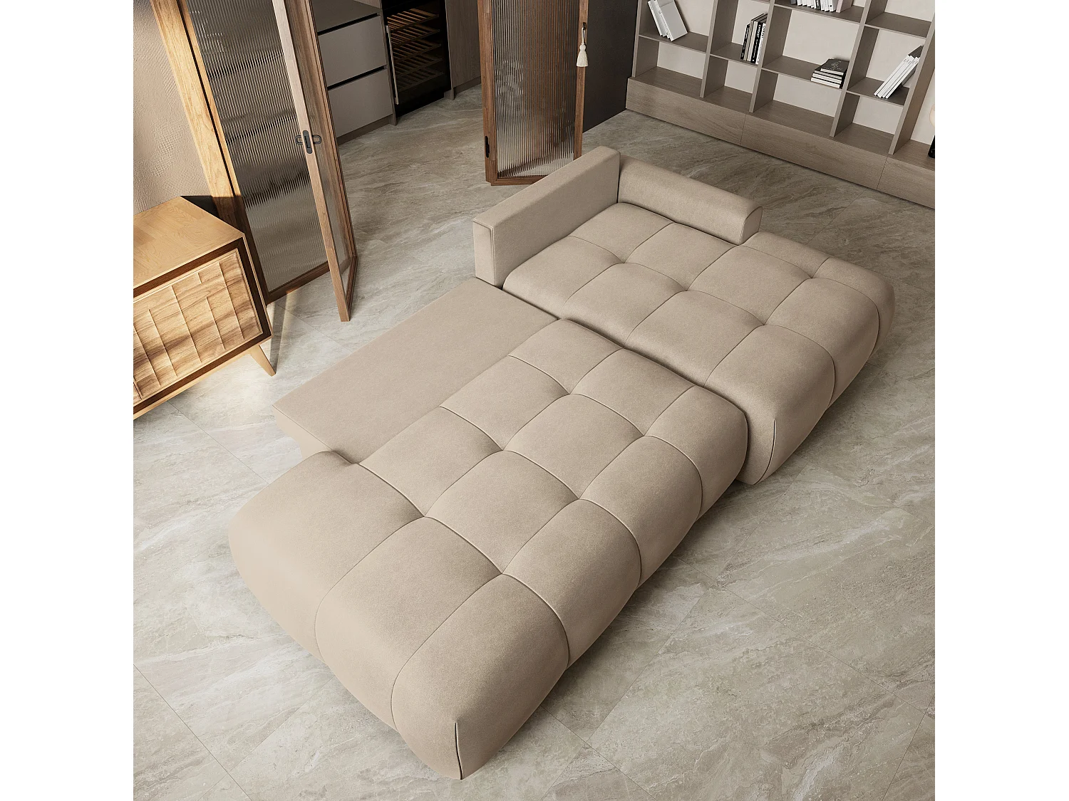 Hoekbank FLUMA, met slaapfunctie, Fluweelstof Beige