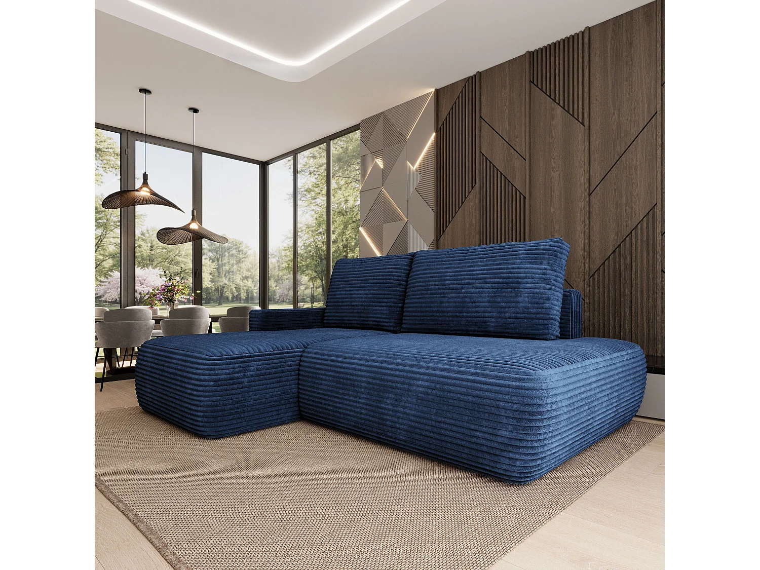 Hoekbank AVINI, met slaapfunctie, Cordstof Blauw