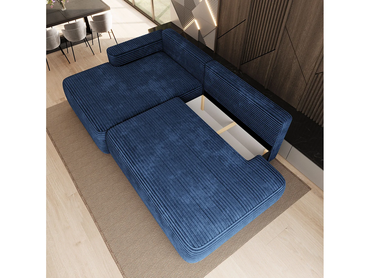 Hoekbank AVINI, met slaapfunctie, Cordstof Blauw