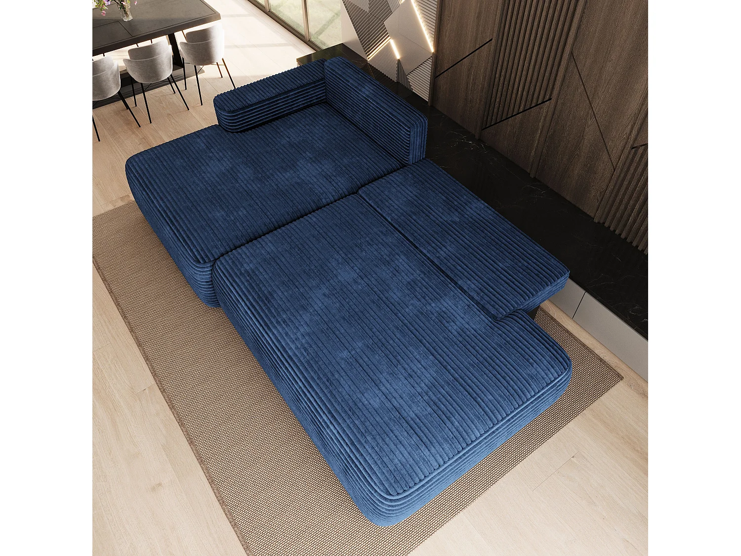 Hoekbank AVINI, met slaapfunctie, Cordstof Blauw