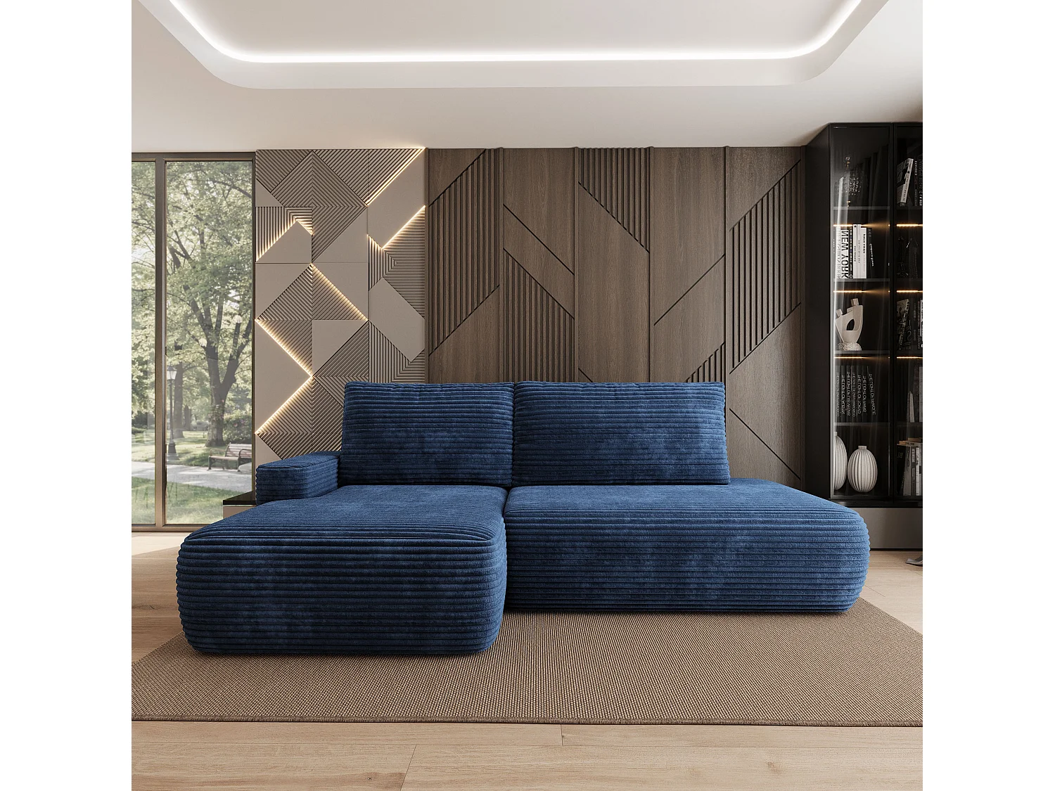 Hoekbank AVINI, met slaapfunctie, Cordstof Blauw
