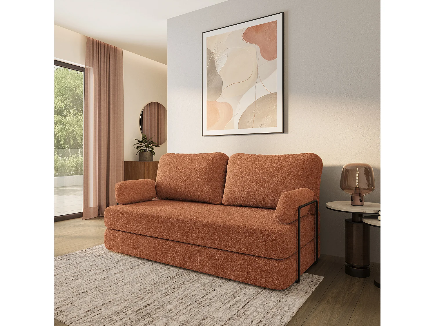 Canapé compressé NIKSI avec cadre métallique, Tissu bouclé, Cuivré