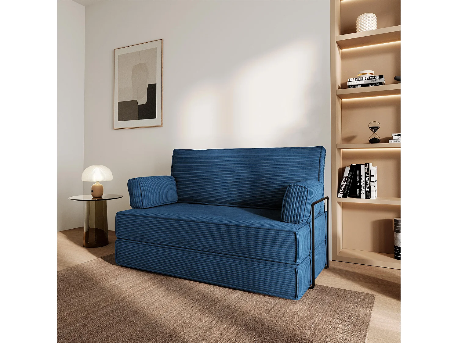 Canapé compressé LADIA avec cadre métallique, Velours côtelé POSO, Bleu