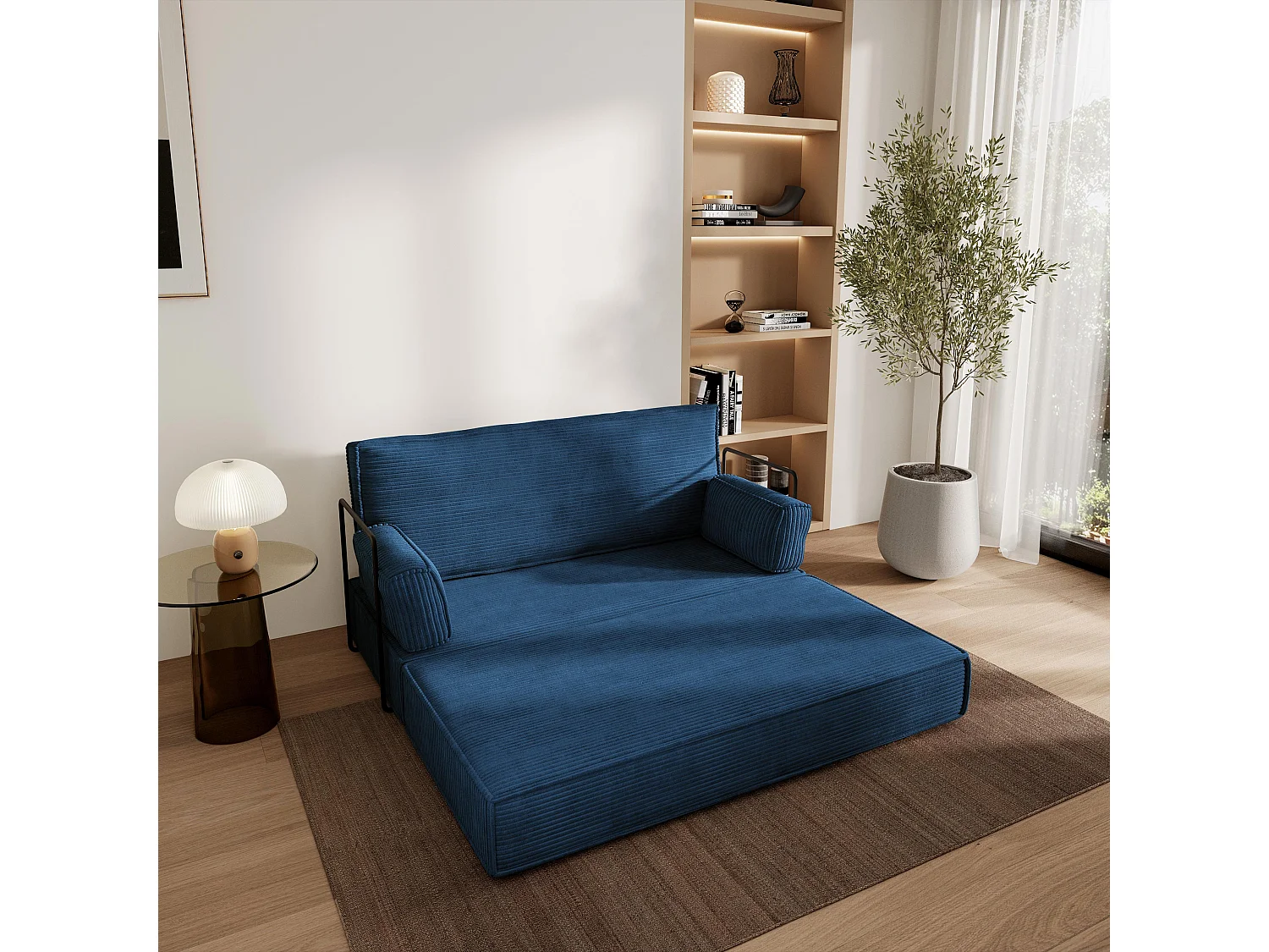 Canapé compressé LADIA avec cadre métallique, Velours côtelé POSO, Bleu