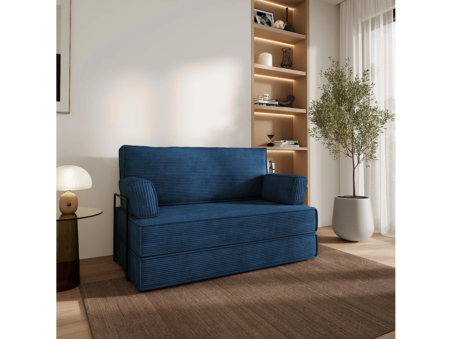 Canapé compressé LADIA avec cadre métallique, Velours côtelé POSO, Bleu