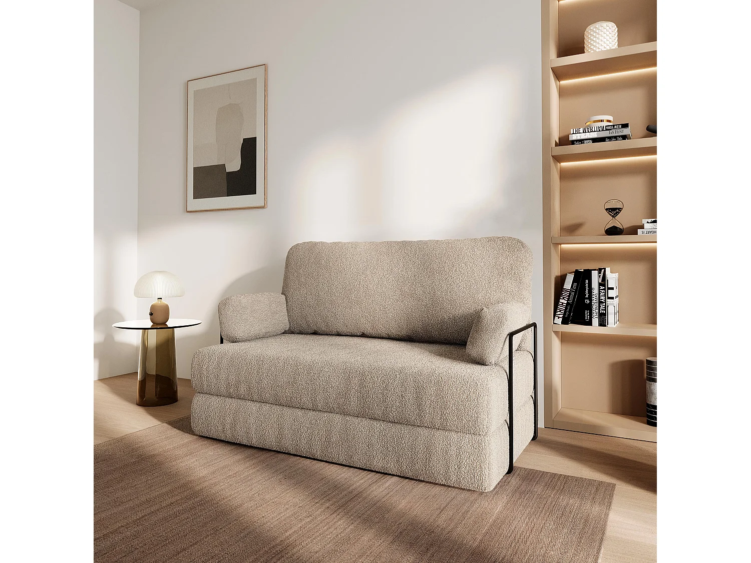 Canapé compressé KESTE avec cadre métallique, Tissu bouclé, Beige