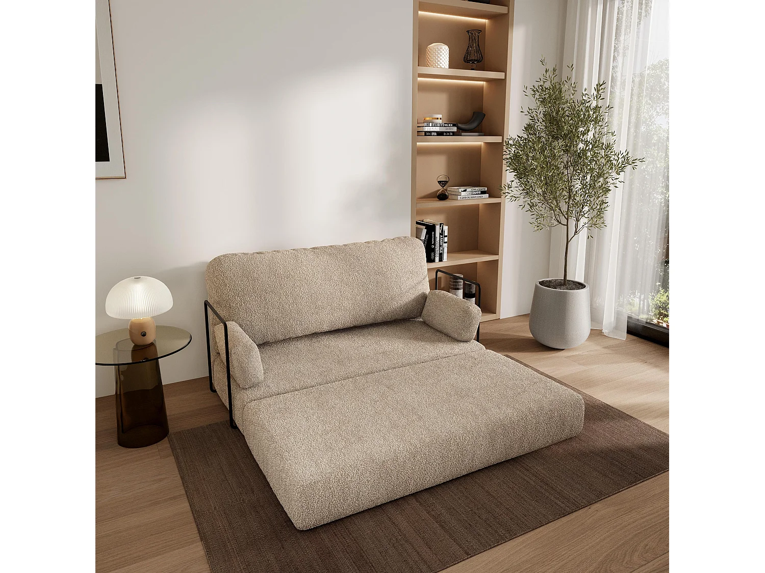 Canapé compressé KESTE avec cadre métallique, Tissu bouclé, Beige