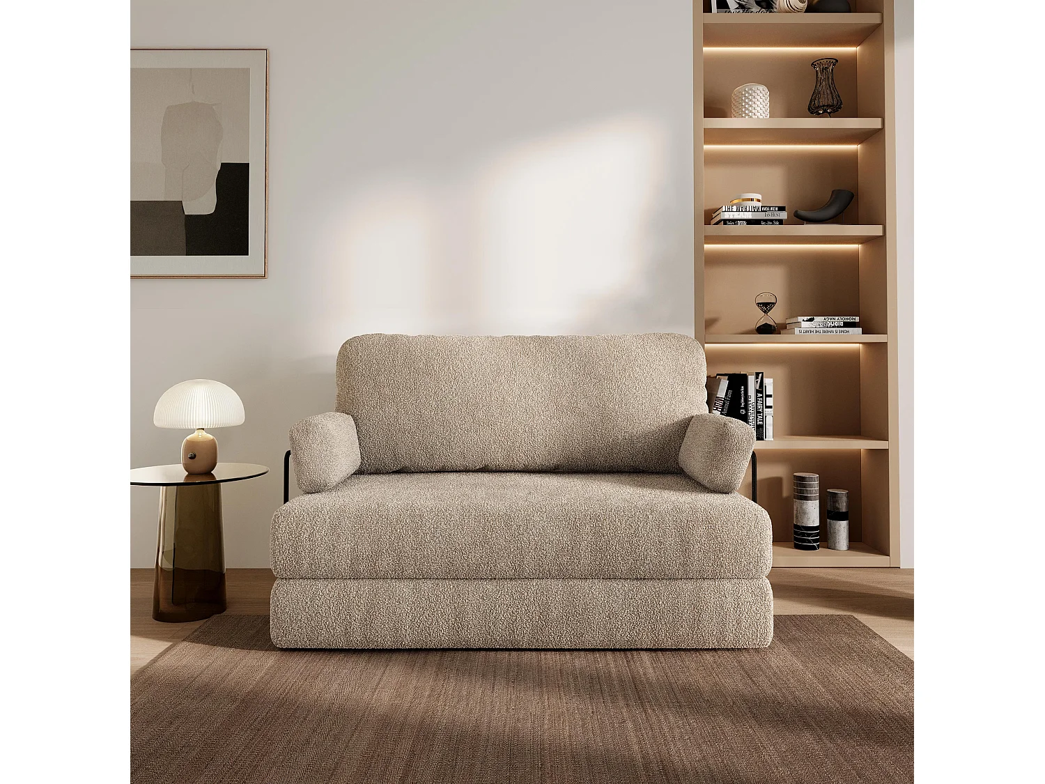 Canapé compressé KESTE avec cadre métallique, Tissu bouclé, Beige