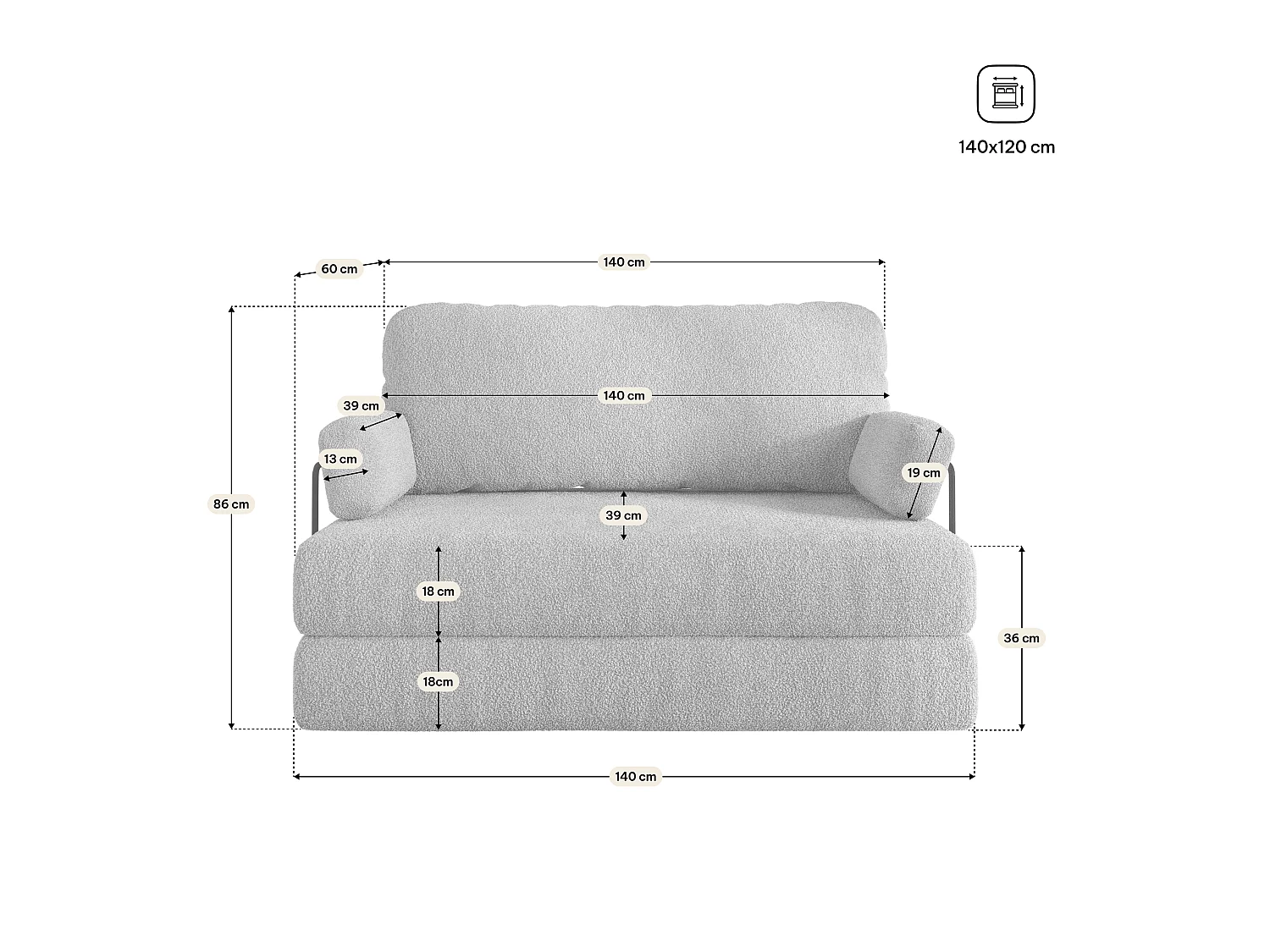 Canapé compressé KESTE avec cadre métallique, Tissu bouclé, Beige