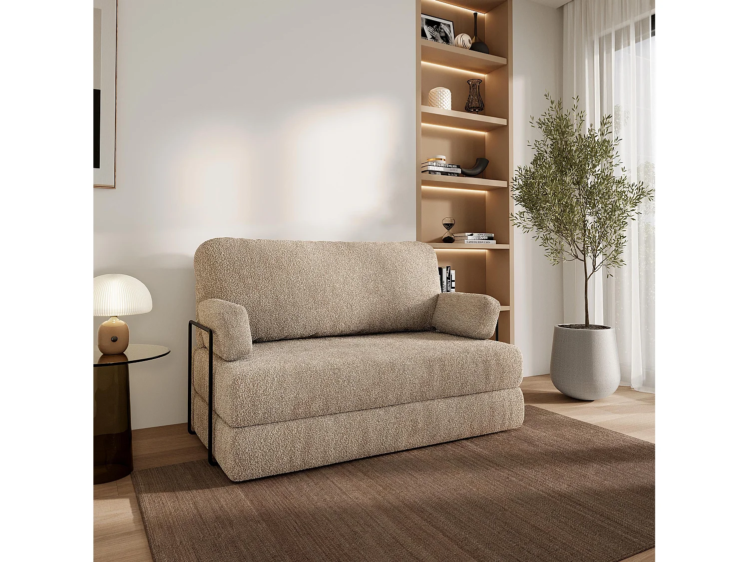Canapé compressé KESTE avec cadre métallique, Tissu bouclé, Beige