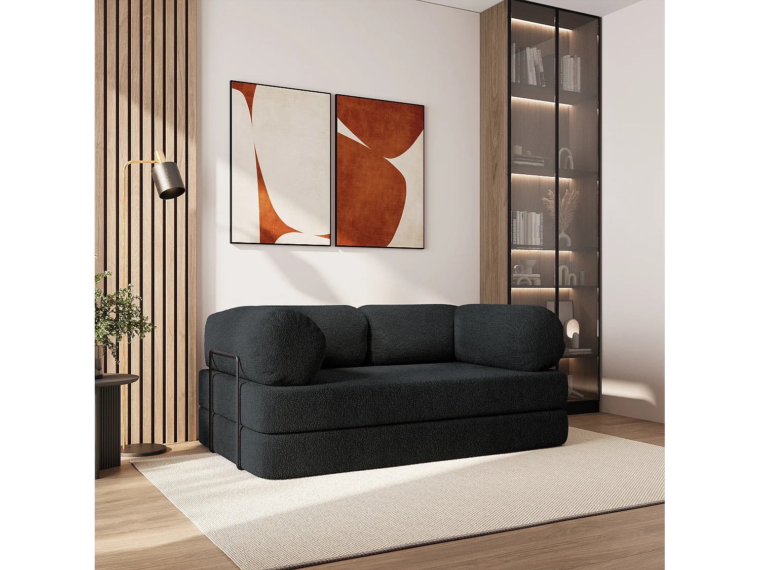 Canapé compressé EIREN avec cadre métallique, Tissu bouclé, Noir