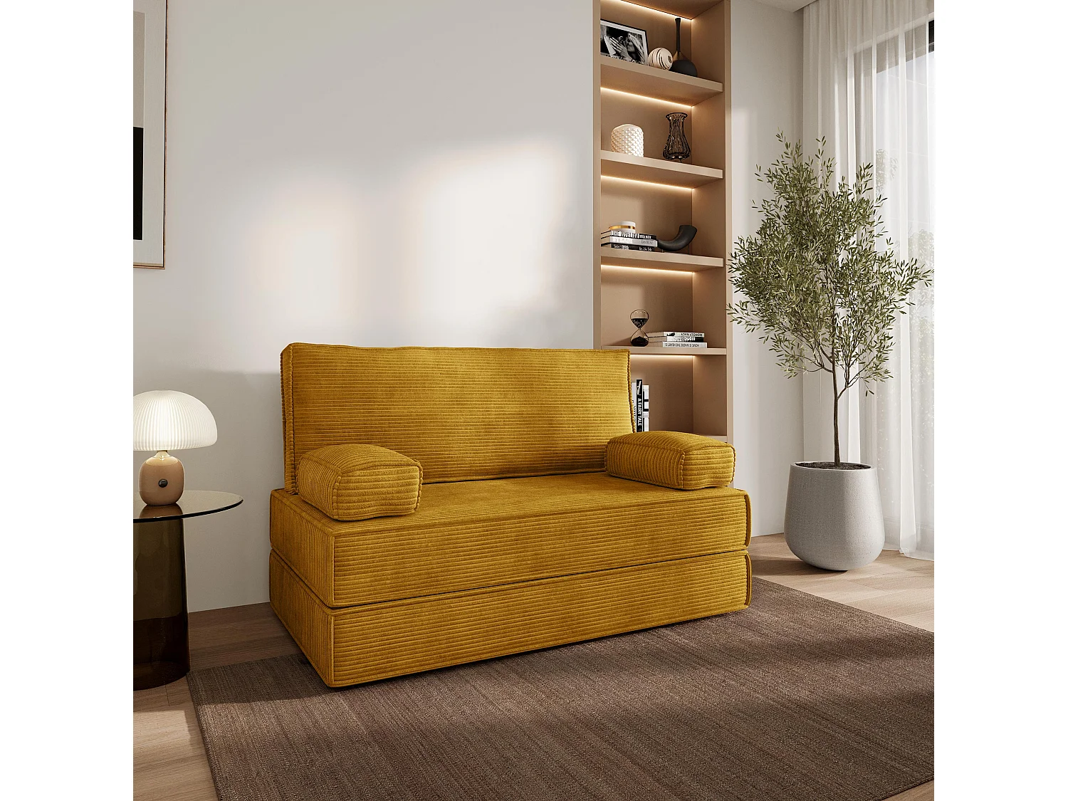 Canapé compressé LADIA sans cadre métallique, Velours côtelé POSO, Jaune