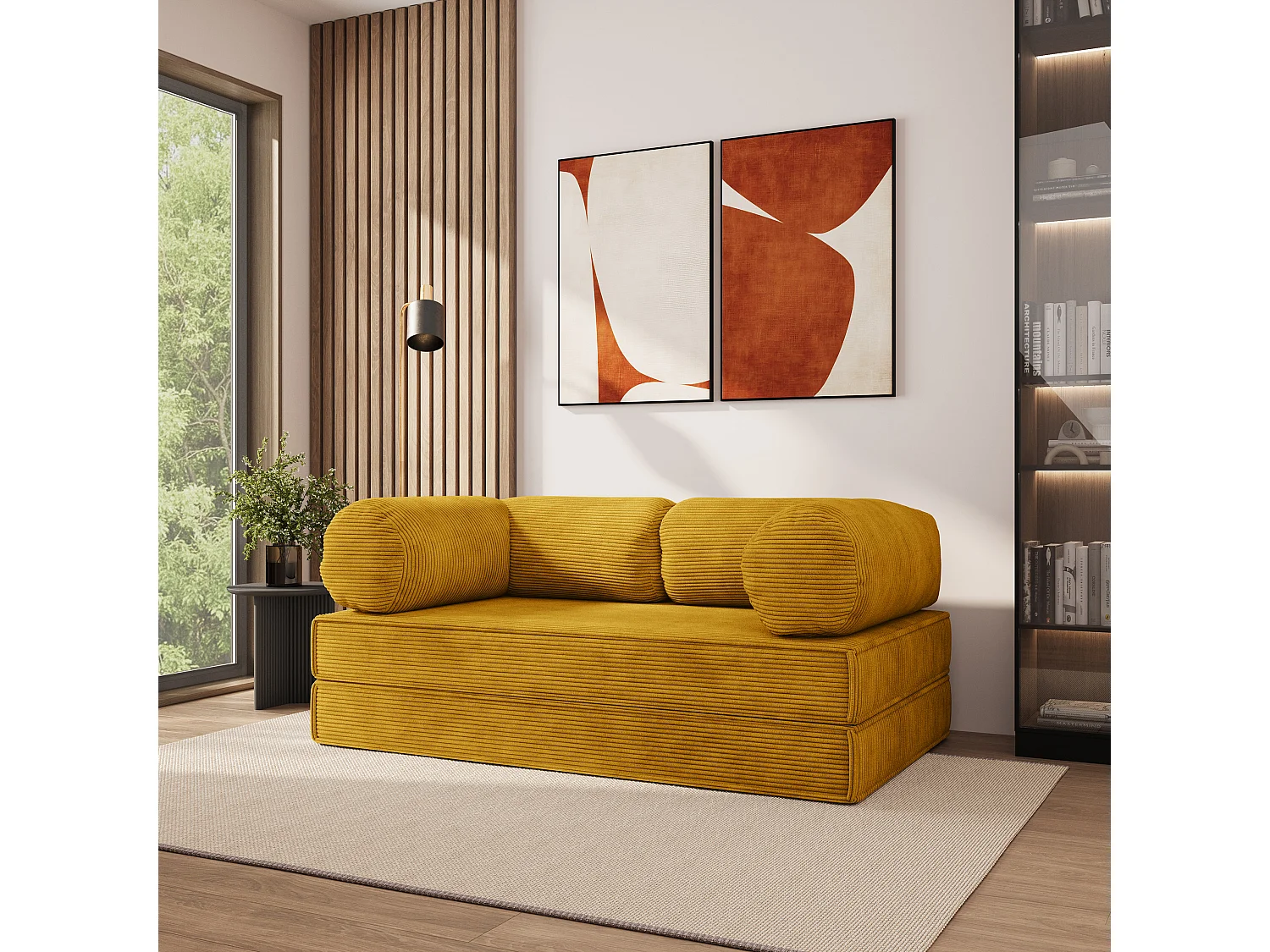 Canapé compressé ALVIO sans cadre métallique, Velours côtelé POSO, Jaune