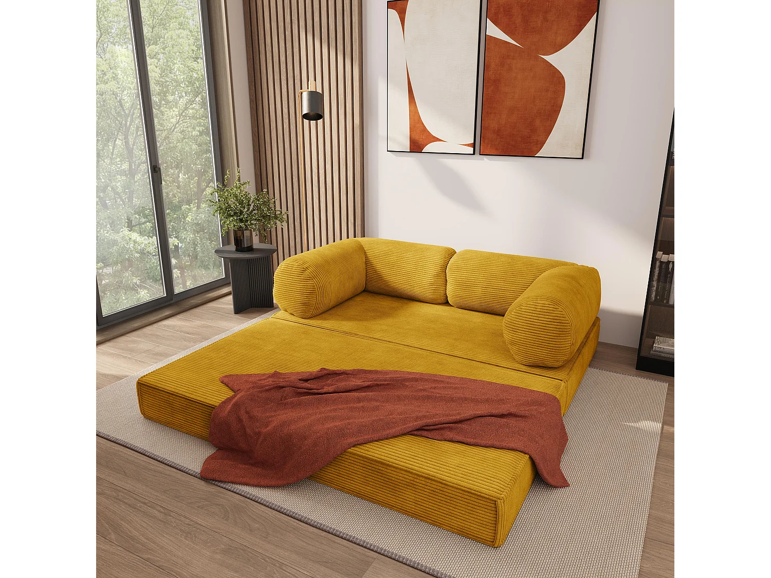 Canapé compressé ALVIO sans cadre métallique, Velours côtelé POSO, Jaune