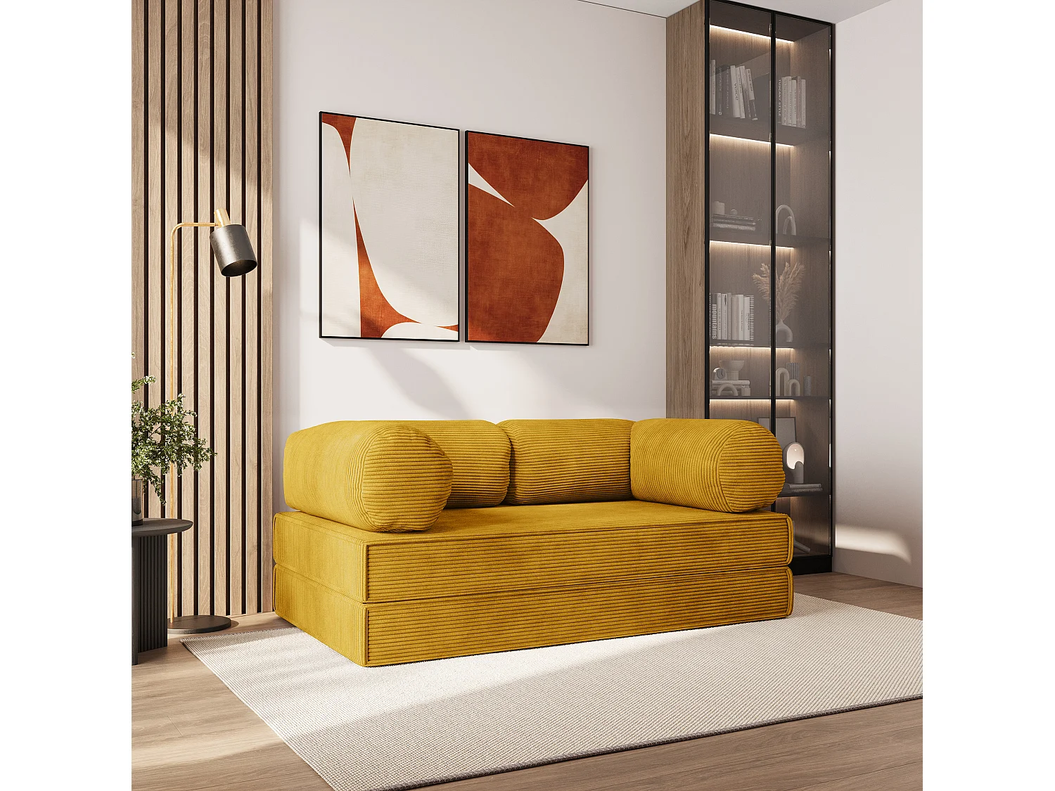 Canapé compressé ALVIO sans cadre métallique, Velours côtelé POSO, Jaune