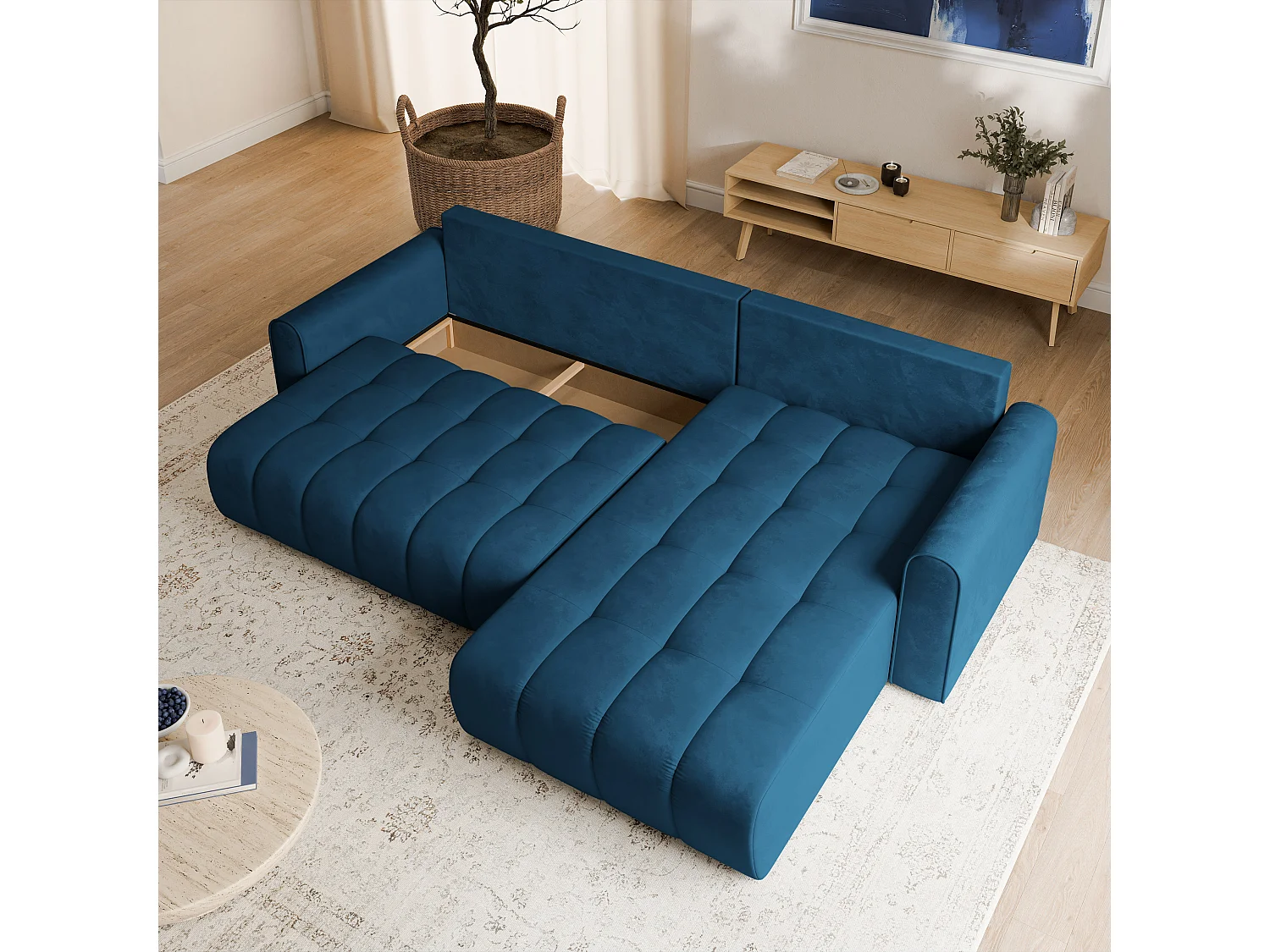 Hoekbank FRIGA, met slaapfunctie, Veloursstof Blauw