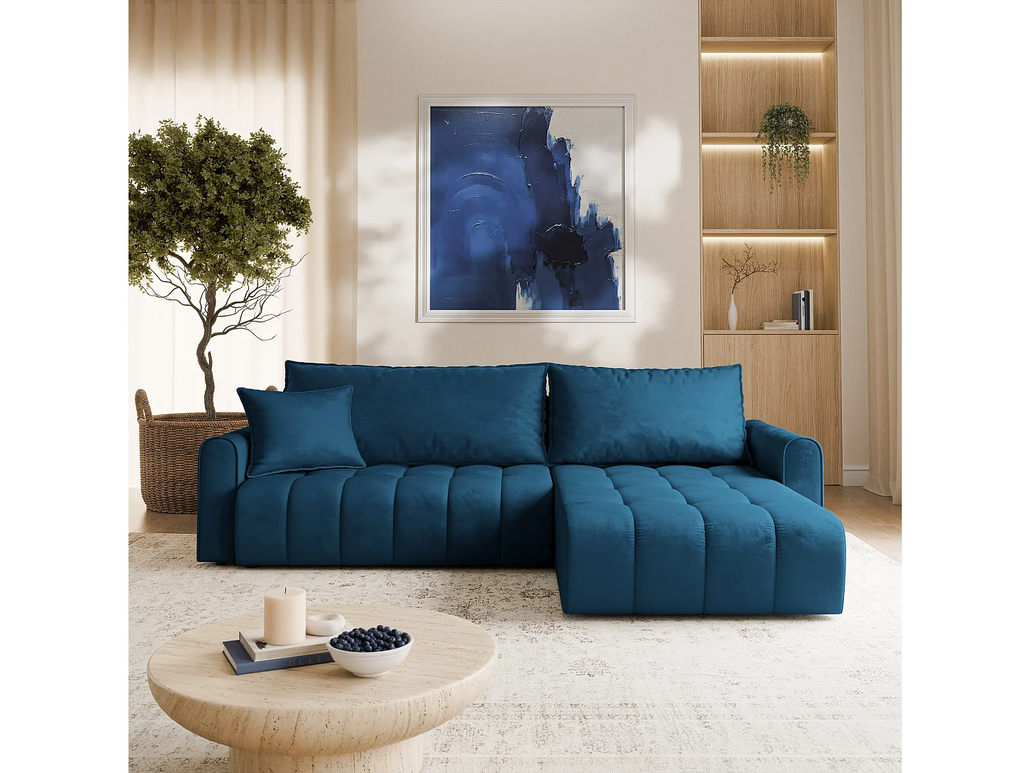 Hoekbank FRIGA, met slaapfunctie, Veloursstof Blauw