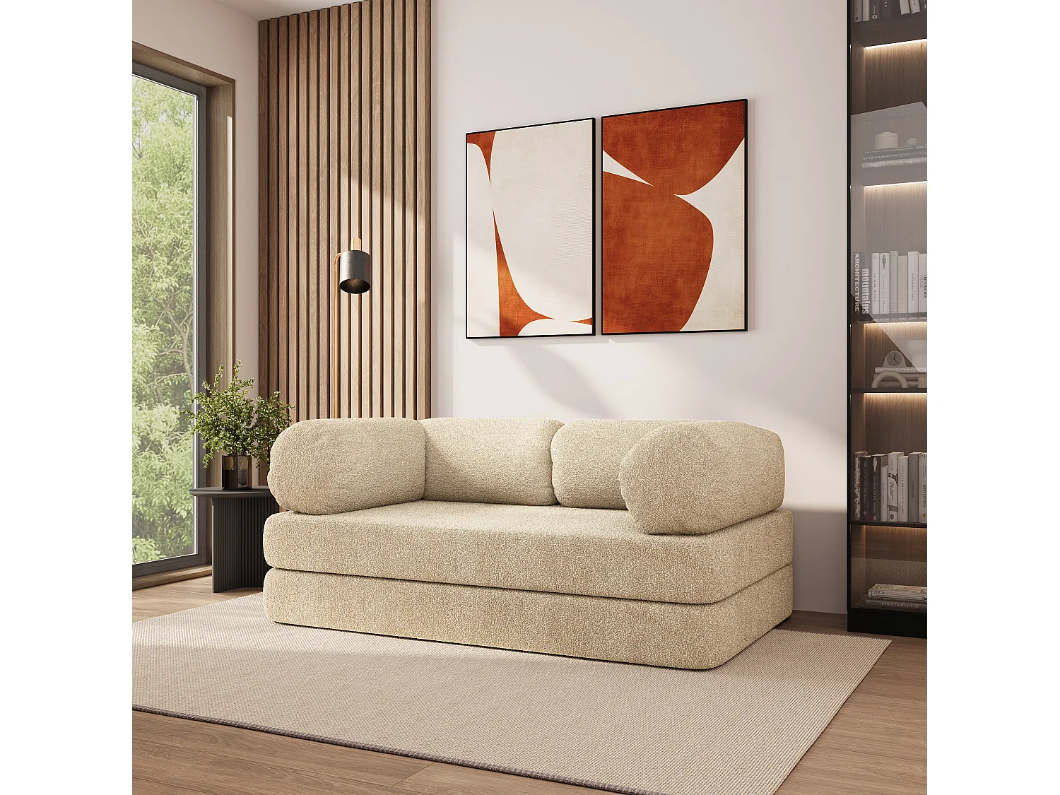 Canapé compressé EIREN sans cadre métallique, Tissu bouclé, Crème