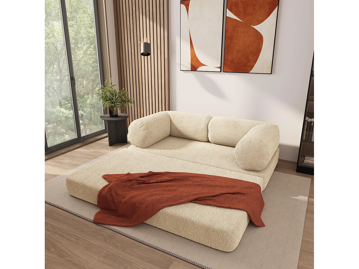 Canapé compressé EIREN sans cadre métallique, Tissu bouclé, Crème