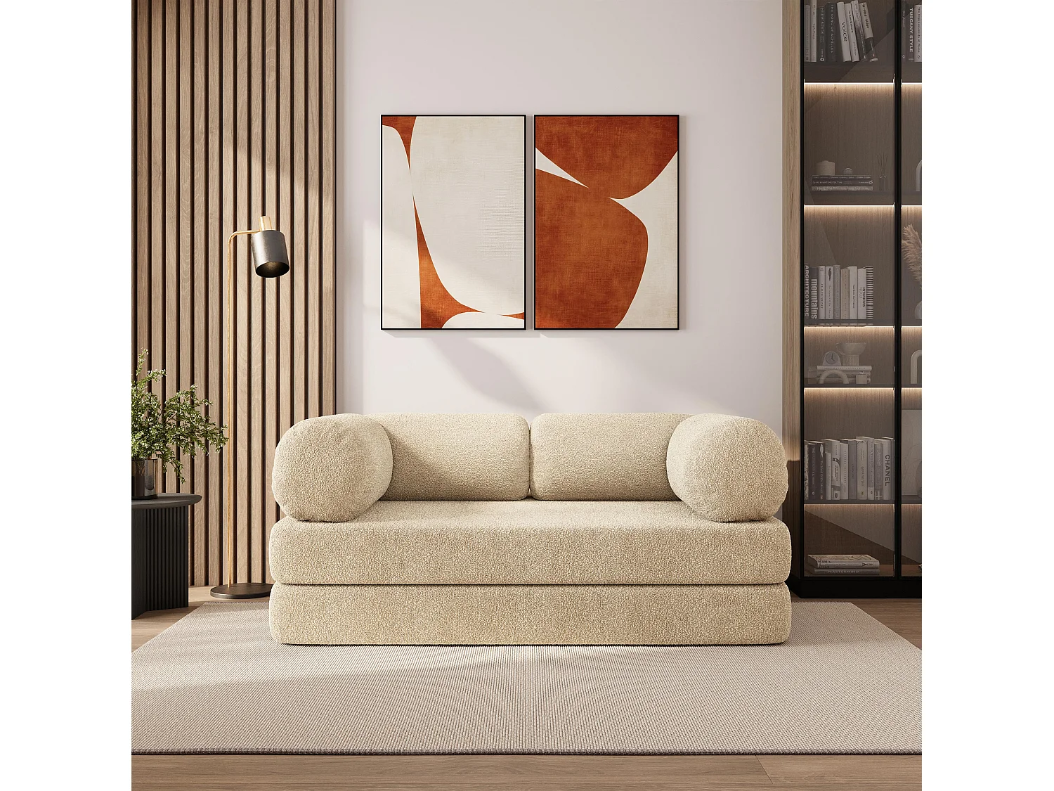 Canapé compressé EIREN sans cadre métallique, Tissu bouclé, Crème
