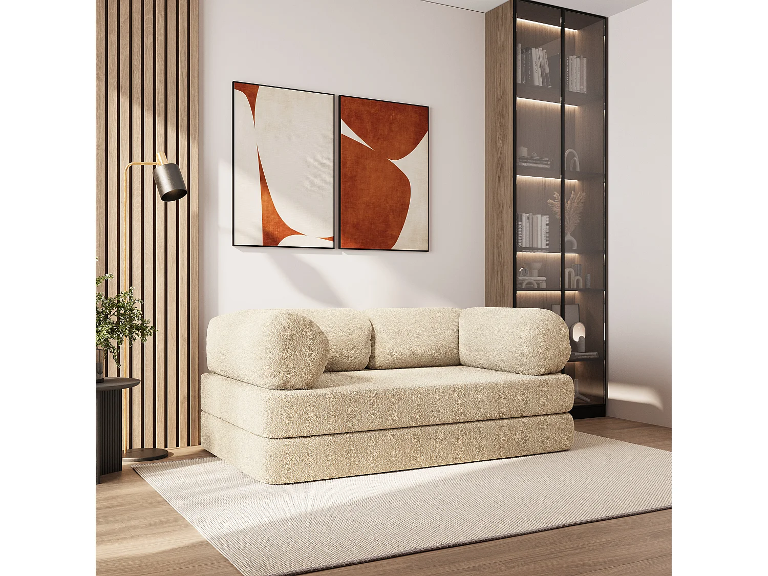 Canapé compressé EIREN sans cadre métallique, Tissu bouclé, Crème