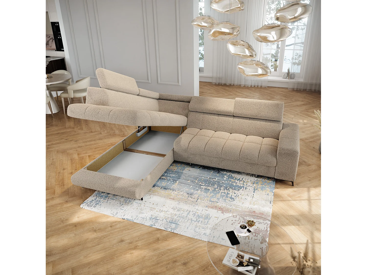 Hoekbank MORIVA, met slaapfunctie, Boucléstof Beige