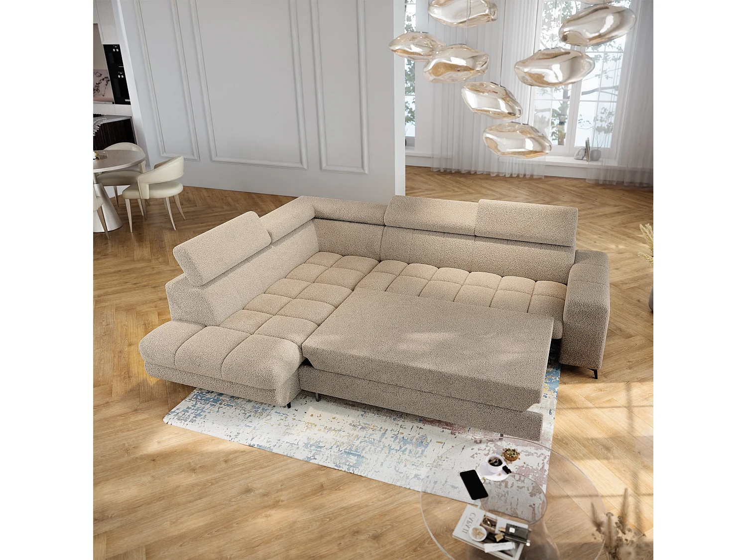 Hoekbank MORIVA, met slaapfunctie, Boucléstof Beige