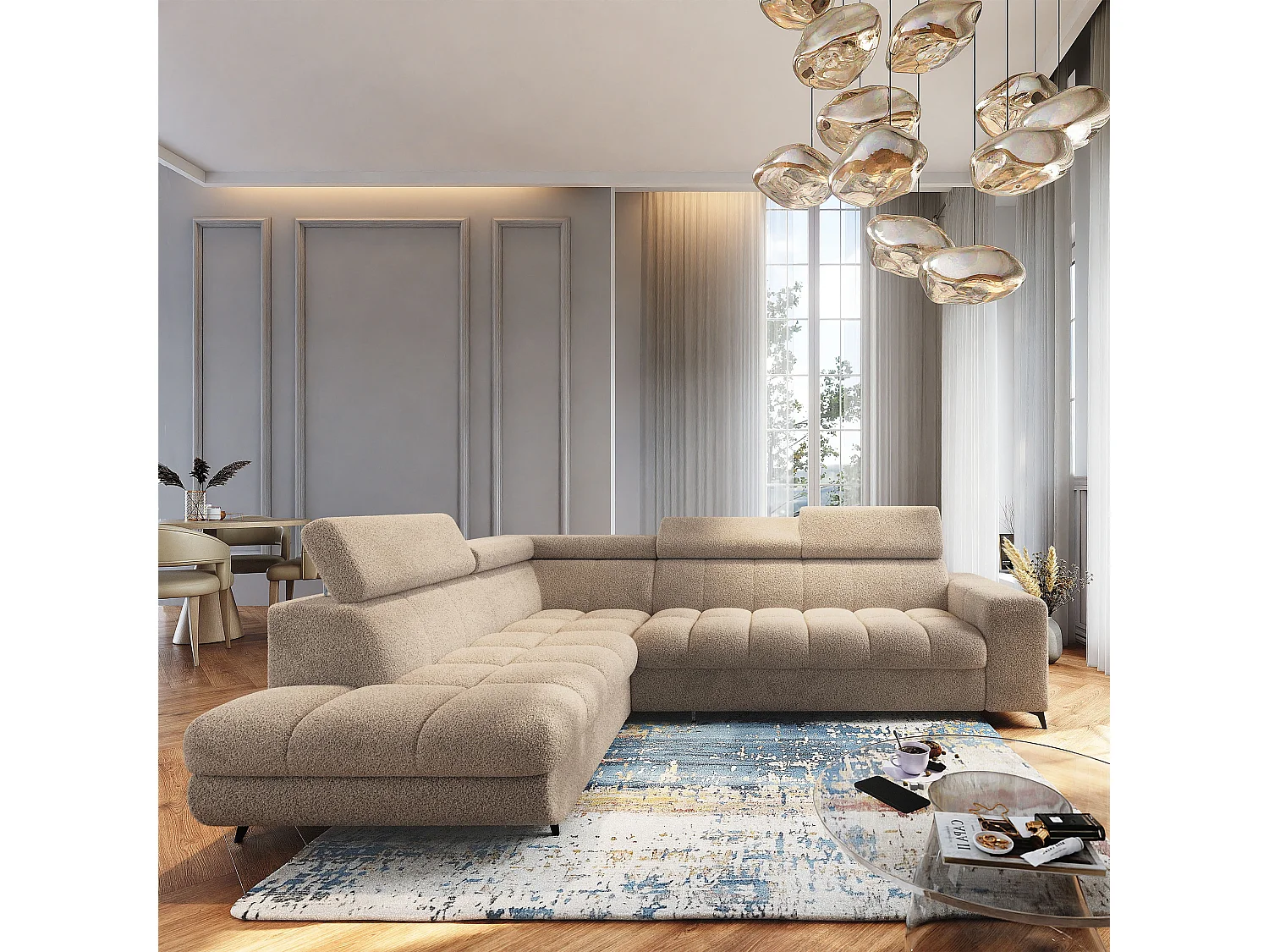 Hoekbank MORIVA, met slaapfunctie, Boucléstof Beige