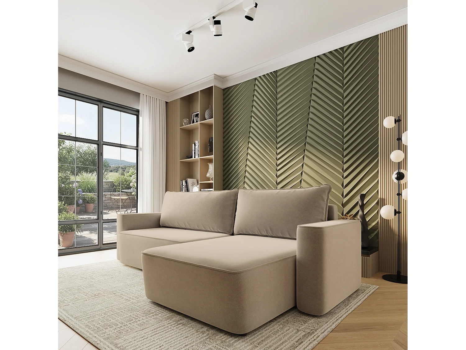 Hoekbank BELARO, met slaapfunctie, Fluweelstof Beige