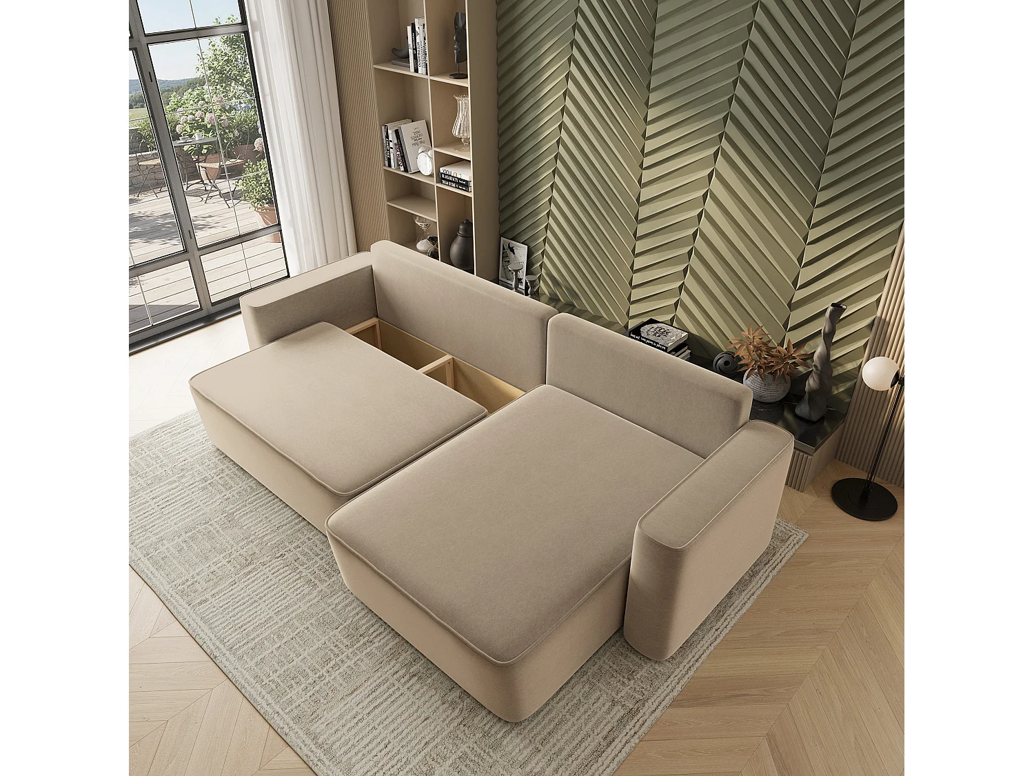 Hoekbank BELARO, met slaapfunctie, Fluweelstof Beige