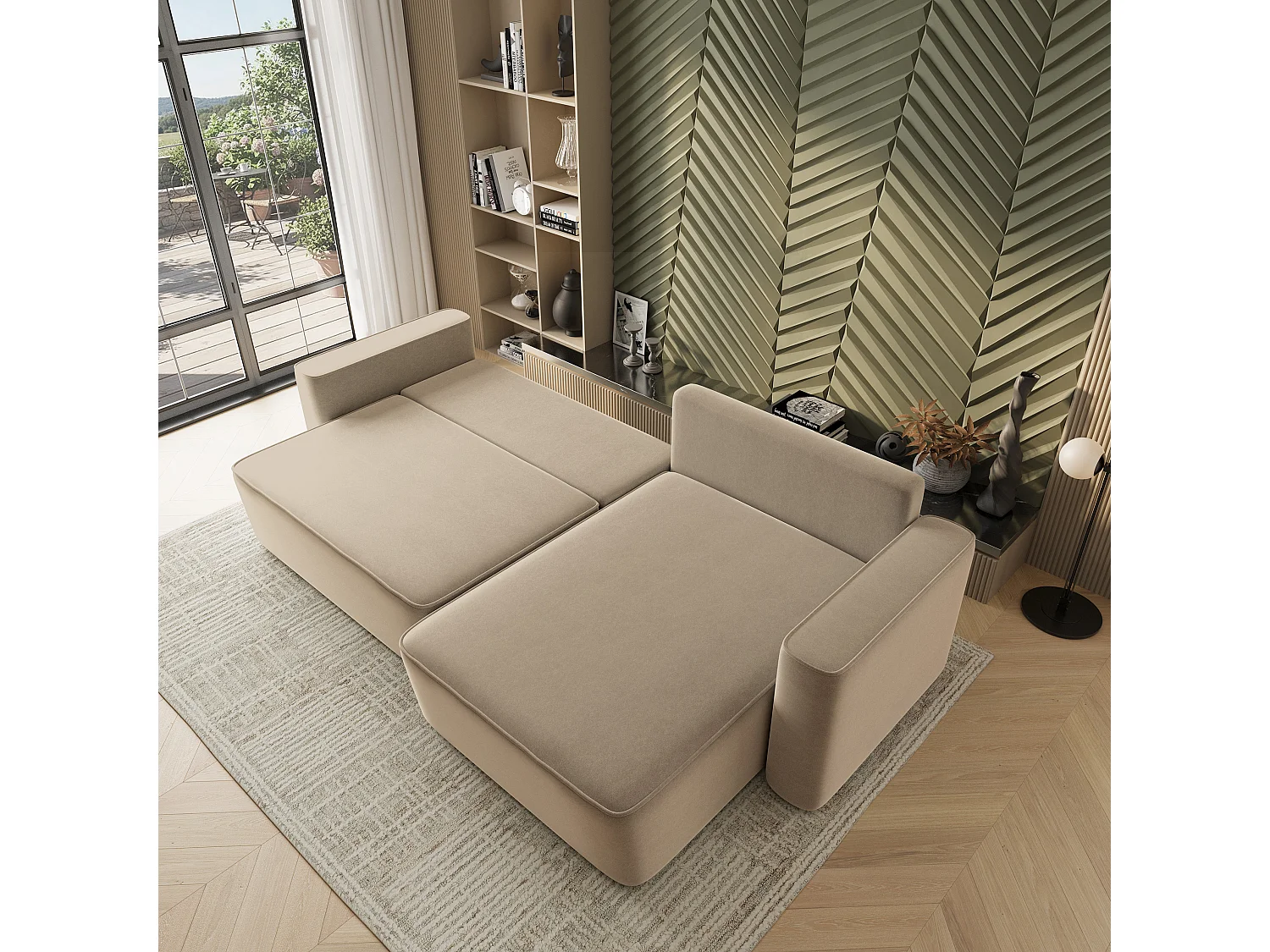 Hoekbank BELARO, met slaapfunctie, Fluweelstof Beige