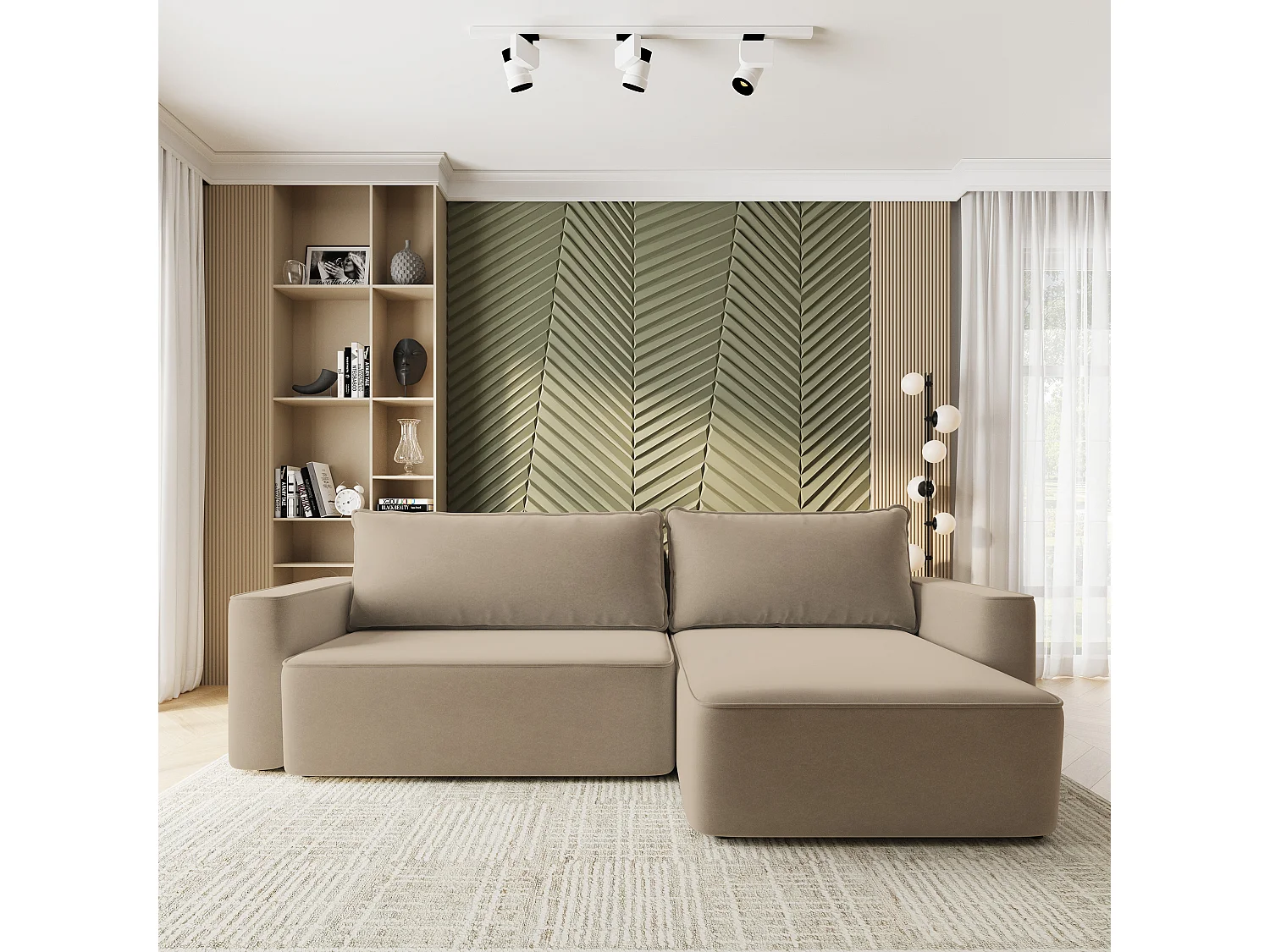 Hoekbank BELARO, met slaapfunctie, Fluweelstof Beige