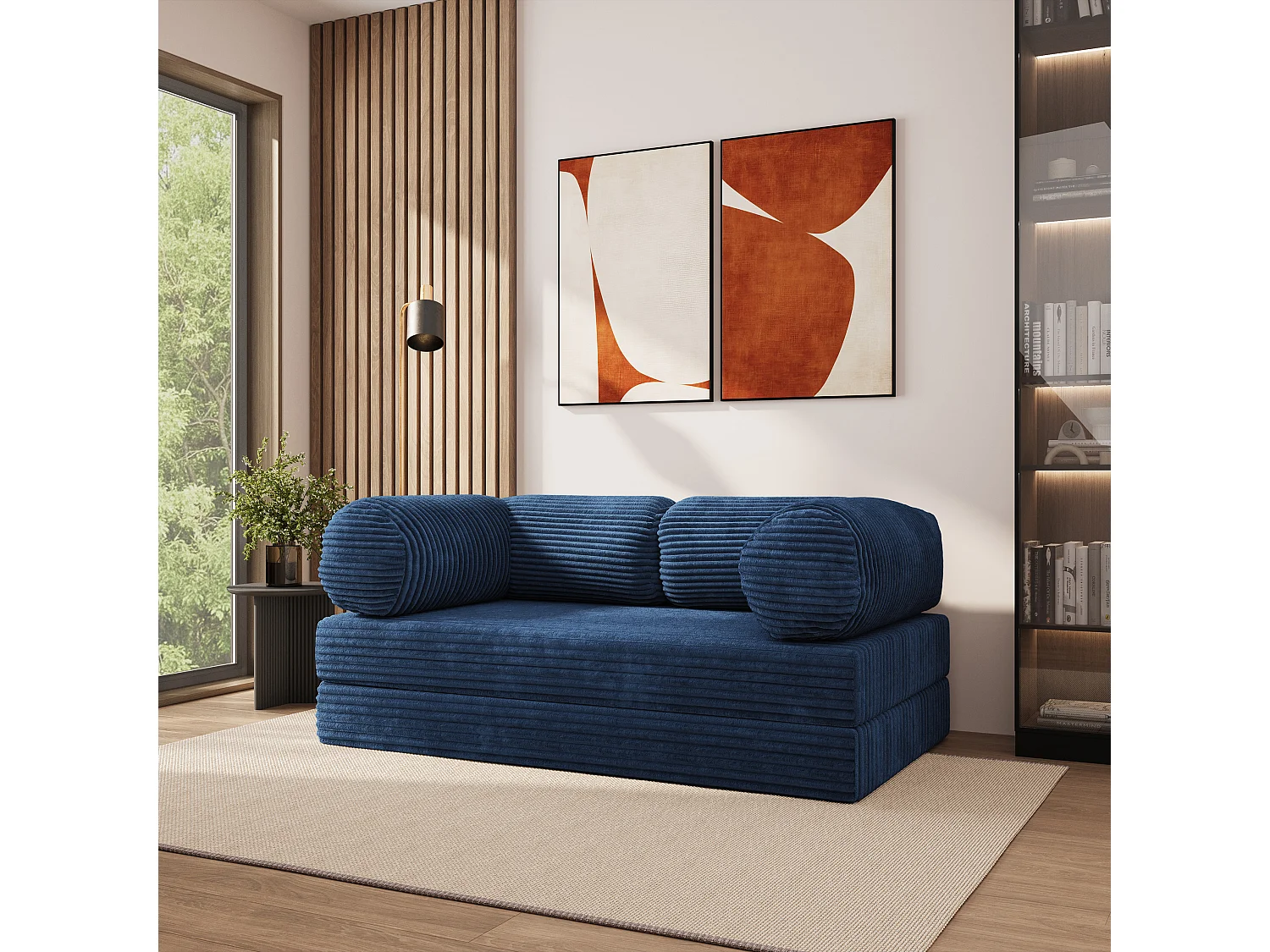Canapé compressé ALVIO sans cadre métallique, Velours côtelé TILIA, Bleu