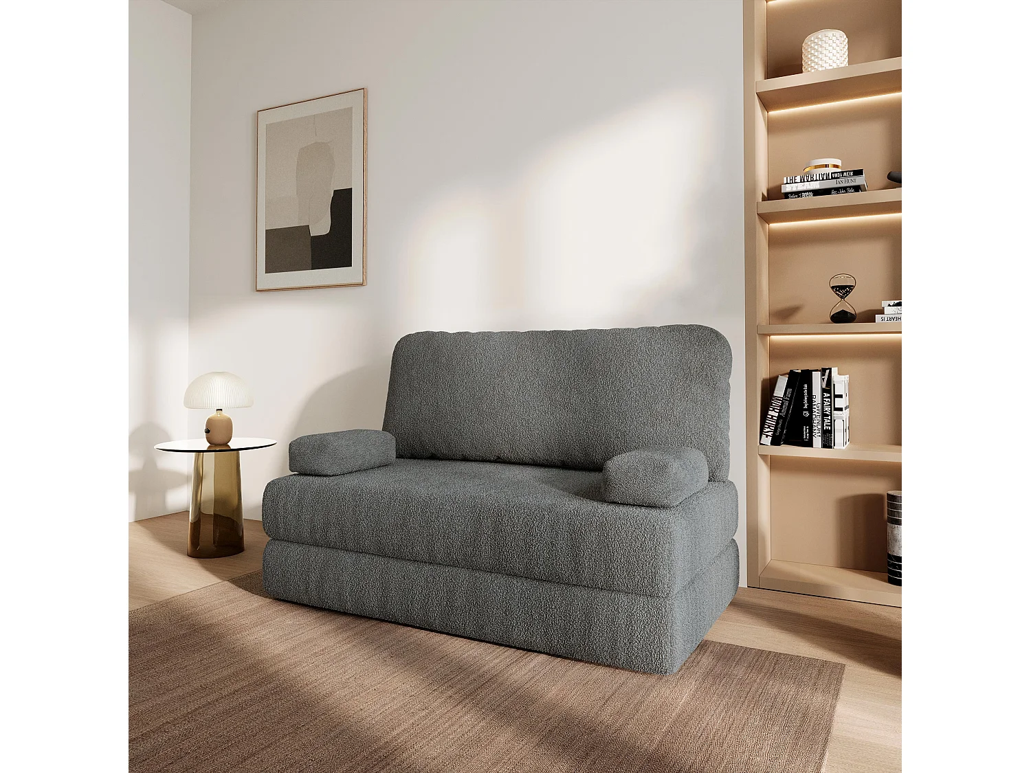 Canapé compressé KESTE sans cadre métallique, Tissu bouclé, Gris